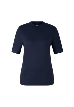 Dunkelmarineblaues T-Shirt mit kurzen Ärmeln und hohem Rundhalsausschnitt. Aus glattem Stoff gefertigt, mit minimalistischen Design und ohne sichtbare Muster.