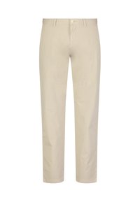 Beige cotton trousers with a straight-leg design, featuring a front button closure, belt loops, and minimal stitching details.