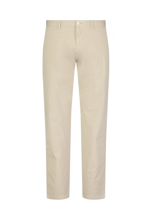 Pantalons en coton beige avec une coupe droite, présentant une fermeture à bouton à l'avant, des passants de ceinture et des détails de couture minimes.