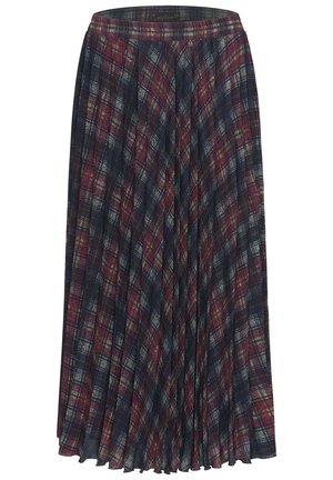 Pleated skirt in a dark navy and burgundy plaid pattern. Features an elastic waistband, lightweight fabric, and textured finish.