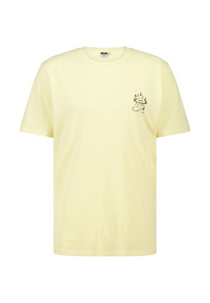 Yellow cotton t-shirt with short sleeves and a v-neck, featuring a small black graphic on the left chest area. Smooth texture.