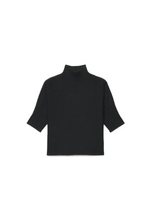 Black short-sleeve knit sweater with a high ribbed turtleneck and ribbed sleeve cuffs isolated on white background.