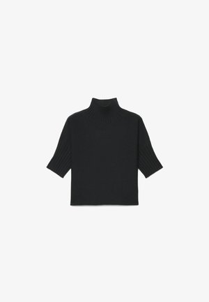 Black short-sleeve knit sweater with a high ribbed turtleneck and ribbed sleeve cuffs isolated on white background.
