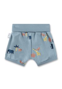 Blue cotton shorts with an elastic waistband, featuring a vibrant animal and plant print in various colors and shapes.