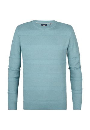 Light blue sweater made of textured knit fabric with horizontal stripe pattern, long sleeves, and a crew neckline.