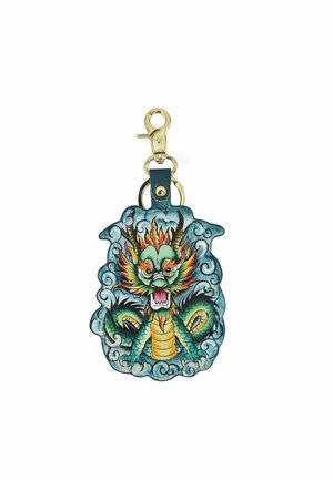 Dragon-shaped keychain in green and gold, featuring intricate designs of scales, fiery mane, and cloud motifs. Gold hardware included.