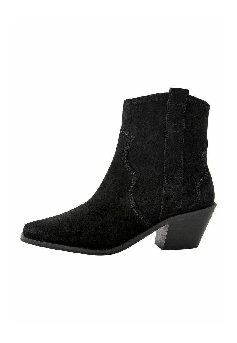 Black ankle boots made of suede with a pointed toe and stacked heel. Features decorative stitching and a pull tab for easy wear.