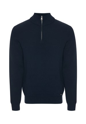 Navy blue knit sweater with a high collar, featuring a half-zip closure and ribbed cuffs. Soft texture with a minimalistic design.