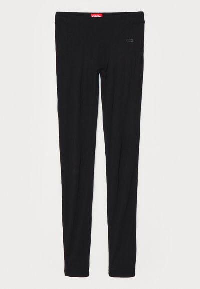 Black leggings made of smooth fabric, featuring a high waistband and subtle branding on the front. Leggings have a slim, fitted shape.