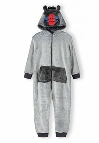 Grå fleece jumpsuit med huva som har ett tecknat djuransikte. Inkluderar framficka, dragkedjestängning och ribbade mudd. Mjuk textur.