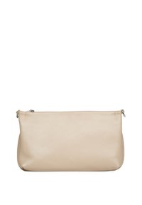 Beige leren zakje met een gestructureerd oppervlak, rechthoekige vorm, ritssluiting aan de bovenkant en minimalistisch ontwerp. Geen zichtbare hardwareaccenten.