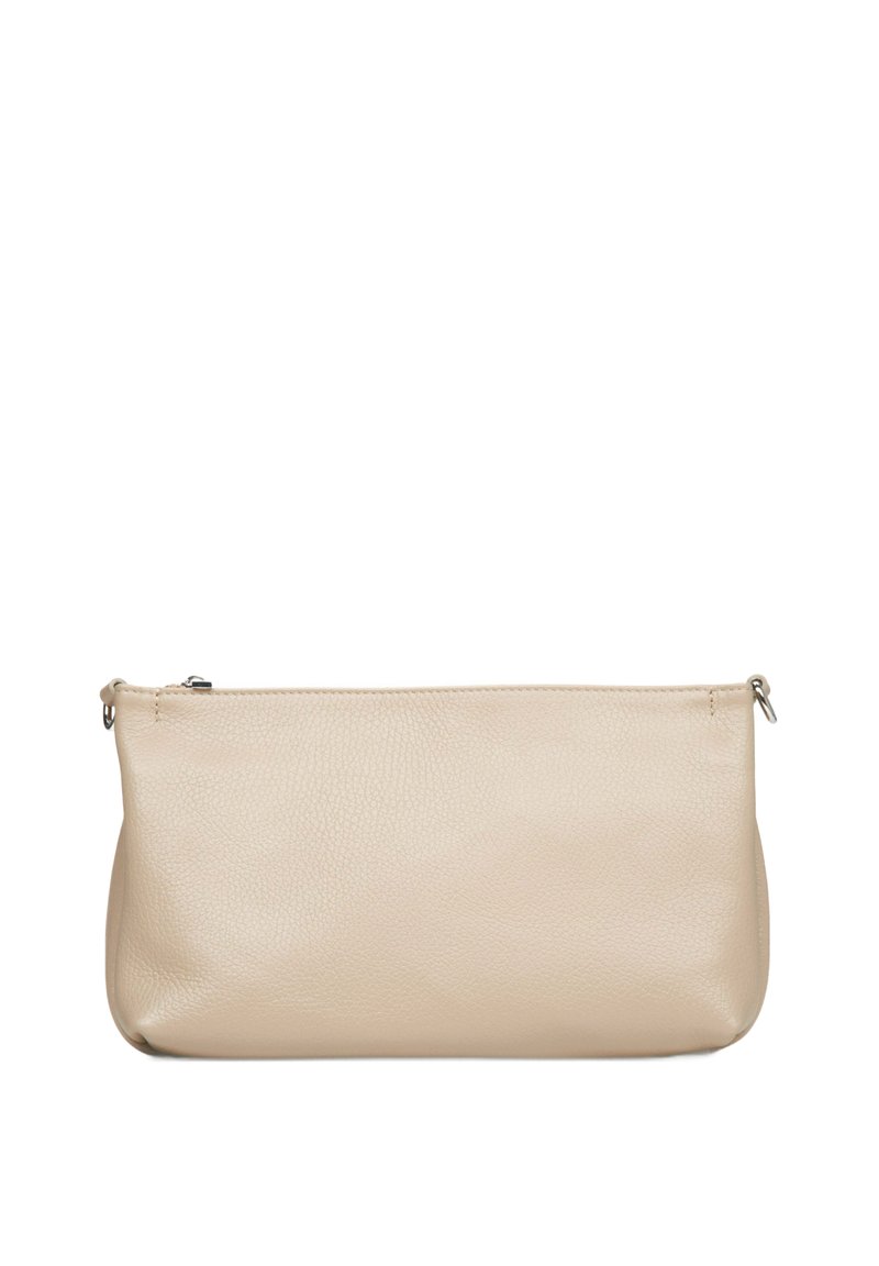 Beige leren zakje met een gestructureerd oppervlak, rechthoekige vorm, ritssluiting aan de bovenkant en minimalistisch ontwerp. Geen zichtbare hardwareaccenten.