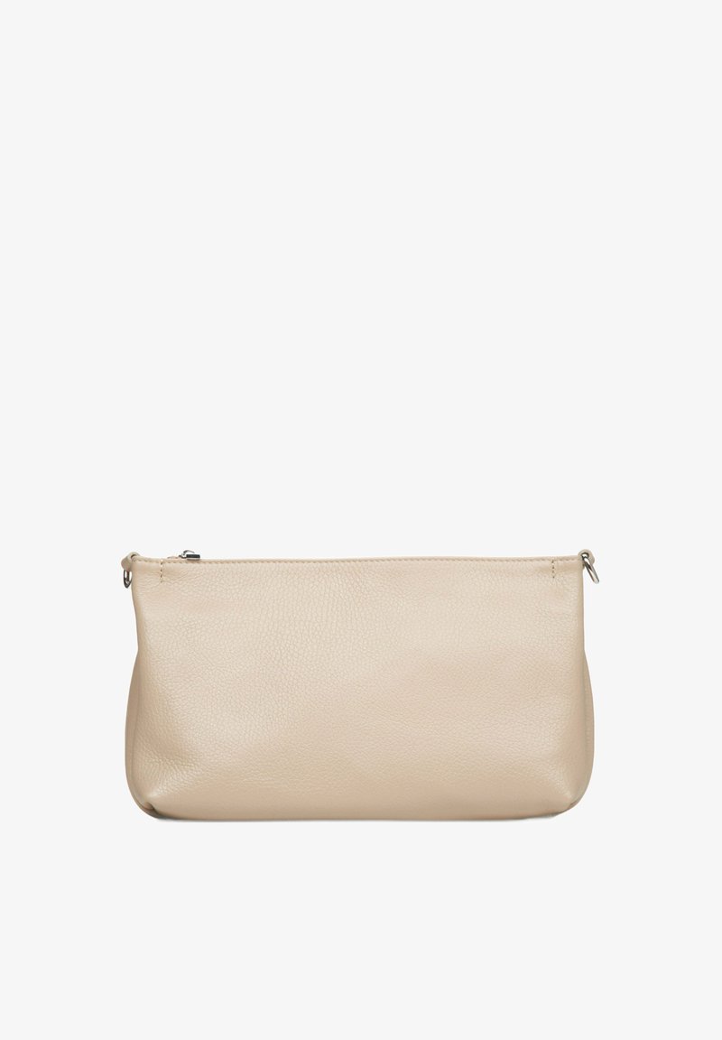 Beige leren zakje met een gestructureerd oppervlak, rechthoekige vorm, ritssluiting aan de bovenkant en minimalistisch ontwerp. Geen zichtbare hardwareaccenten.