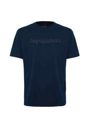 T-shirt a maniche corte di colore blu navy realizzato in morbido cotone. Presenta il logo "RefigiWear" in un colore a contrasto più chiaro sul petto.