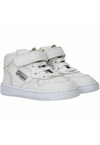 Witte mid-top sneakers van synthetisch leer, met een band en veters, geperforeerd ontwerp en een getextureerde rubberen zool.