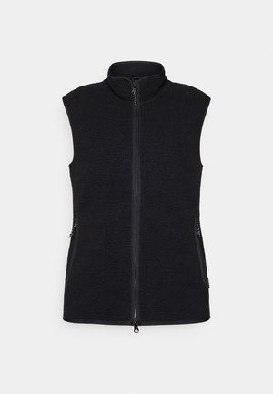 Melnas vilnas veste ar augstu apkakli, pilnu priekšējo rāvējslēdzēju un divām sānu kabatām. Tekstūrēts audums ar gludu virsmu un bez piedurknēm.