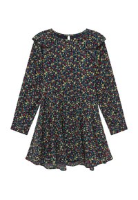 Sukienka z długim rękawem w ciemnoniebieskim kolorze z kolorowym, kwiatowym wzorem, z plisowanym bodicem i falbaniastym dekoltem.