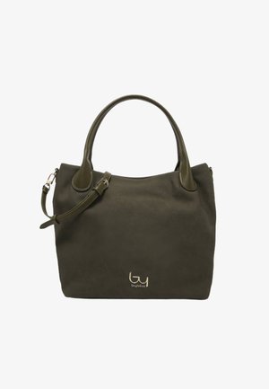 Borsa rettangolare verde scuro con doppi manici, tracolla regolabile e piccolo logo metallico del marchio al centro della parte anteriore.