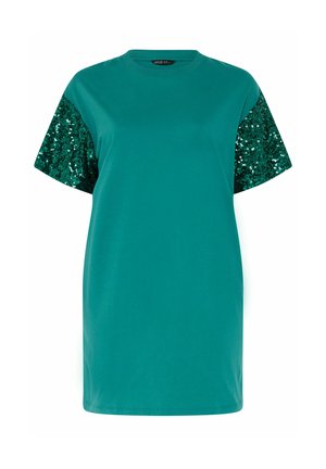 Türkisfarbenes Kurzarmkleid mit dunkelgrünen, mit Pailletten besetzten Ärmeln und rundem Ausschnitt, vor weißem Hintergrund präsentiert.