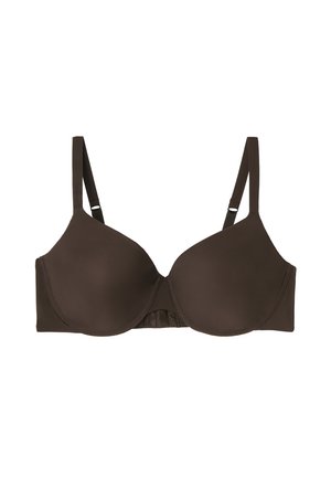 Brun bh med bøjle, glatte formstøbte skåle og justerbare skulderstropper, designet til daglig brug og komfort.