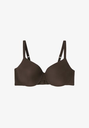 Brun bh med bøjle, glatte formstøbte skåle og justerbare skulderstropper, designet til daglig brug og komfort.