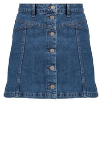 Jupe en jean de couleur bleu foncé, forme trapèze, fermeture à boutons sur le devant et deux poches latérales. Présente des détails de couture et un design classique.