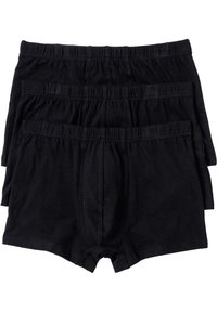 Mutande boxer in cotone nere, in confezione da tre, con un elastico in vita e una texture liscia. Ogni paio ha un taglio classico e nessun marchio visibile.