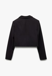 Zwarte cropped blazer met een ingeknipte kraag, lange mouwen en een gladde stof zonder zichtbare patronen of hardware. Achteraanzicht weergegeven.