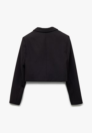 Schwarze taillierte Blazerjacke mit Reverskragen, langen Ärmeln und glattem Stoff ohne sichtbare Muster oder Beschläge. Rückansicht gezeigt.