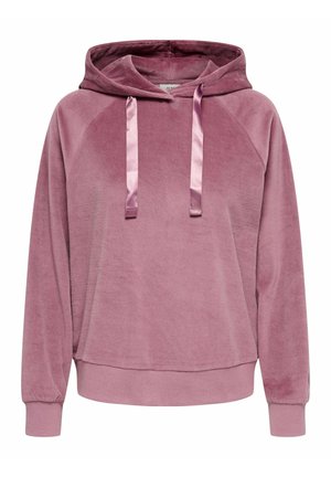 Sweat à capuche en velours de couleur mauve doux avec une coupe décontractée, doté d'une capuche ajustable avec cordon, de liens en ruban satin et de poignets et ourlet côtelés.