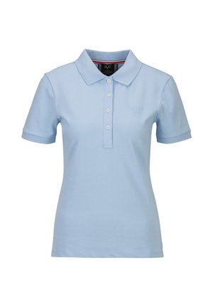 Polo bleu clair à manches courtes avec col, patte à quatre boutons et logo brodé discret sur la poitrine gauche.