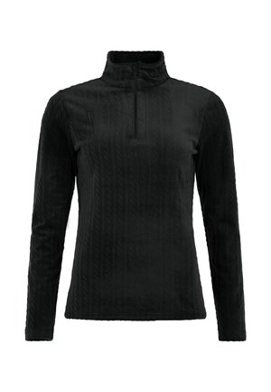 Czarny longsleeve z wysokim kołnierzem i ćwierć zamkiem, z fakturowanym wzorem w warkocz oraz gładkim wykończeniem.