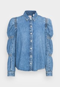 Denim shirt with a button-up front, a classic collar, and puffed sleeves. Features stitched accents and a light blue wash.