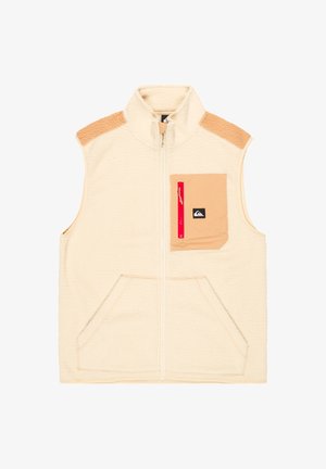 Fleece-Weste in Cremefarbe mit beigen Akzenten an den Schultern, Frontreißverschlusstasche mit rotem Reißverschluss und zwei Seitentaschen. Mit einem Logo-Patch auf der Brust versehen.