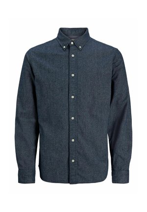 Camicia a maniche lunghe blu scuro con colletto a punta e bottoni bianchi sul davanti, esposta su uno sfondo bianco.