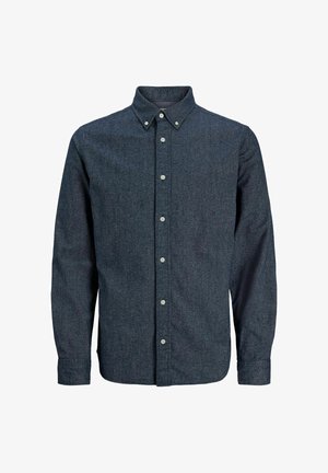 Camicia a maniche lunghe blu scuro con colletto a punta e bottoni bianchi sul davanti, esposta su uno sfondo bianco.