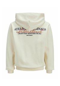 Krém színű kapucnis pulcsi, puha tapintású, nagyméretű grafikai nyomattal a hátán sötétkék és piros betűkkel. Sz drawstring kapucnival rendelkezik.