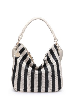 Sac à main tissé rayé verticalement noir et blanc avec une anse blanche courbée et une fermeture en métal doré.