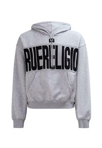 Felpa grigia con cappuccio e grande testo nero "TRUE RELIGION" attraversa il petto, dotata di tasca a marsupio davanti.