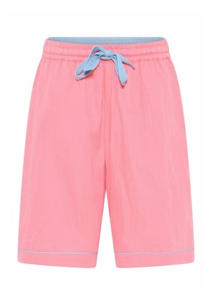 Rosa shorts med en ljusblå dragsko, med elastisk midja och avskärningar i slutet med en subtil blå accentlinje.