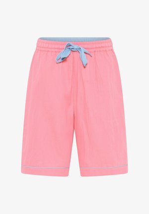 Lyserøde shorts med en lys blå snor, der har en elastisk talje og opsyede beskæringer med en subtil blå accentlinje.
