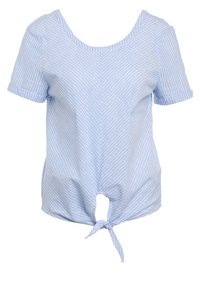 Topy s krátkým rukávem ve světle modré barvě s bílými vertikálními pruhy. Má kulatý výstřih a detail uzlu na spodním lemu. Hladký povrch.