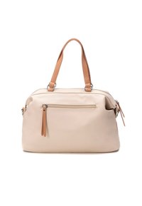 Bolso de mano beige hecho de cuero suave con asas y detalles de cremallera en marrón claro. Presenta un bolsillo con cremallera en la parte delantera y un compartimento principal espacioso.