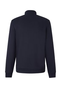 Mørkeblå sweater med lange ærmer vist fra ryggen, med en høj krave og ribbede manchetter og kant på en hvid baggrund.