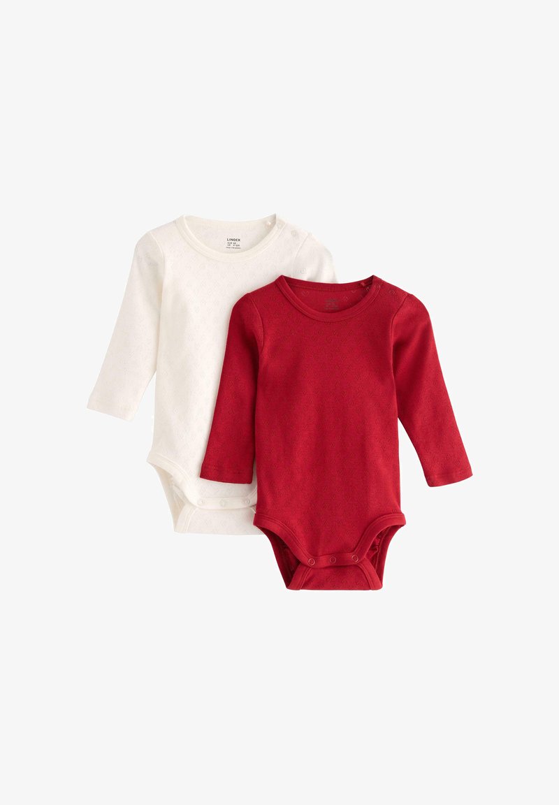 Two long-sleeve bodysuits: one white with a textured pattern and one solid red, both featuring snap closures at the bottom.