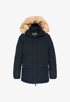 Schwarze Steppjacke mit kapuzenbesatz aus Fell, Reißverschluss vorne und zwei Seitentaschen. Das Material wirkt warm und strukturiert.