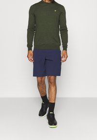 Pull vert, shorts bleu marine, chaussures noires avec des accents verts. Le pull a un col rond et des manches longues, les shorts sont amples.