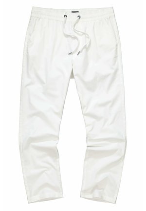 Hvide elastiske bukser med taljeelastik og snørelukning, der har sidelommer og en glat, let tekstur. Ingen synlige mønstre eller accenter.
