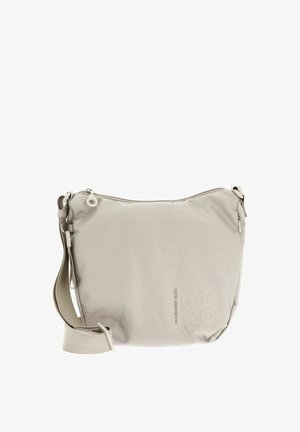 Beige Umhängetasche aus strukturiertem Stoff, mit Reißverschluss, verstellbarem Schultergurt und geprägtem Logodetail auf der Vorderseite.