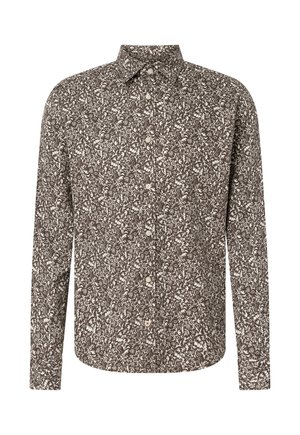 Long-sleeve button-up shirt with brown and white dense floral pattern and a classic collar.